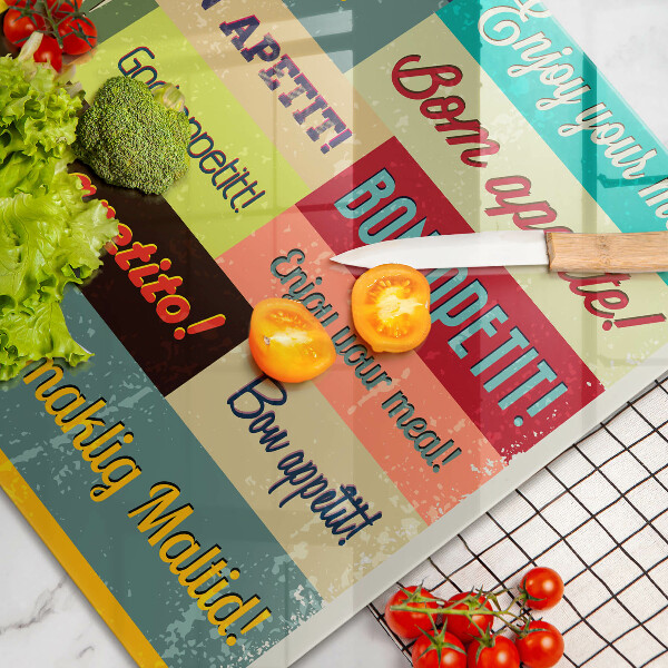 Üveg vágódeszka Feliratok Jó étvágyat nyelvek