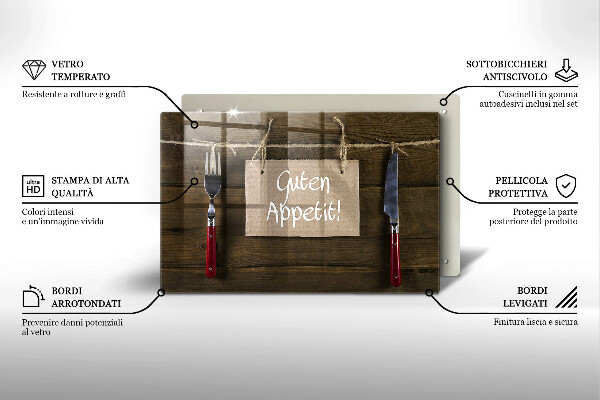 Üveg vágódeszka Guten Appetit felirat fa táblákon