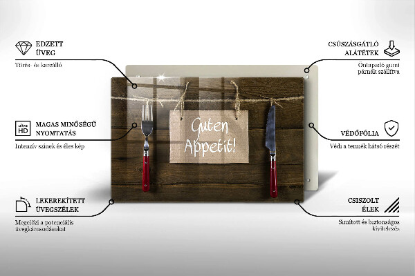 Üveg vágódeszka Guten Appetit felirat fa táblákon