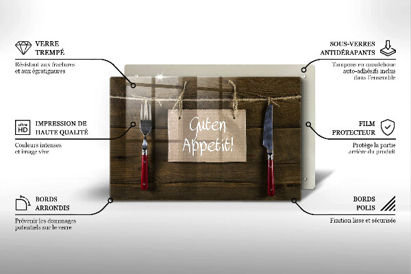 Üveg vágódeszka Guten Appetit felirat fa táblákon