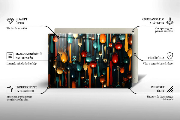 Üveg vágódeszka Színes kanalak és villák
