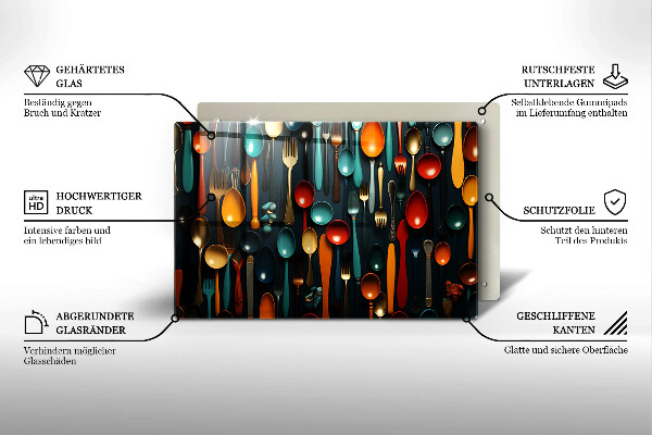 Üveg vágódeszka Színes kanalak és villák