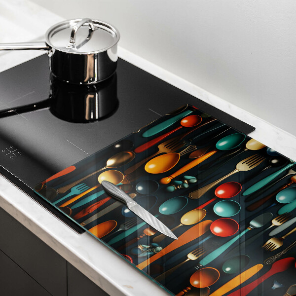 Üveg vágódeszka Színes kanalak és villák