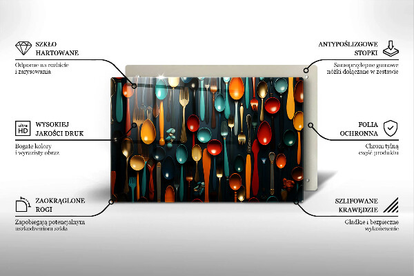 Üveg vágódeszka Színes kanalak és villák