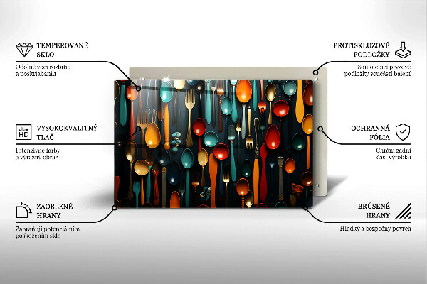 Üveg vágódeszka Színes kanalak és villák