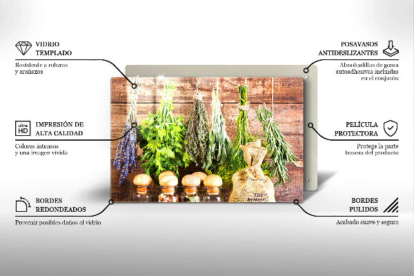 Üveg vágódeszka Gyógynövények fűszerek és fa