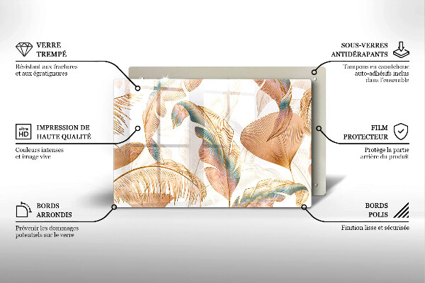 Üveg vágódeszka Boho tollak és levelek