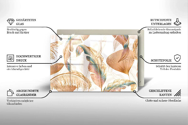 Üveg vágódeszka Boho tollak és levelek