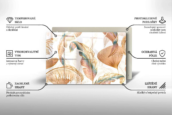 Üveg vágódeszka Boho tollak és levelek