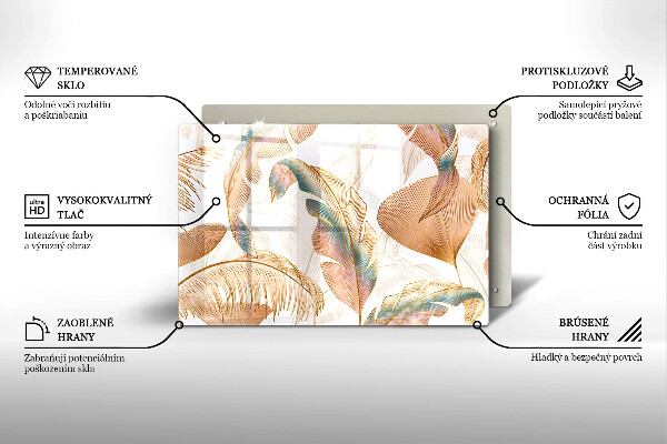 Üveg vágódeszka Boho tollak és levelek