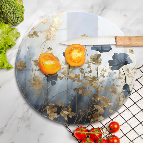 Üveg vágódeszka Kék és arany virágok