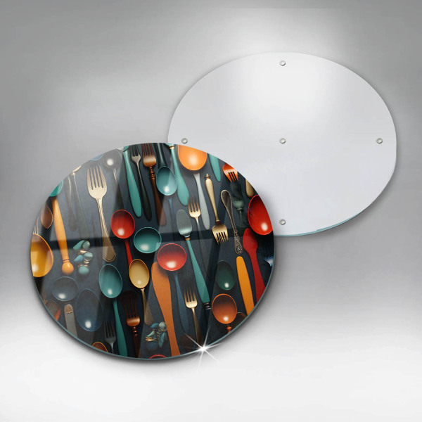 Üveg vágódeszka Színes kanalak és villák