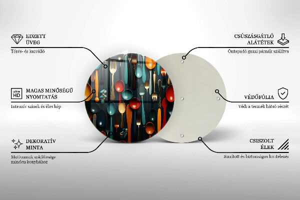 Üveg vágódeszka Színes kanalak és villák