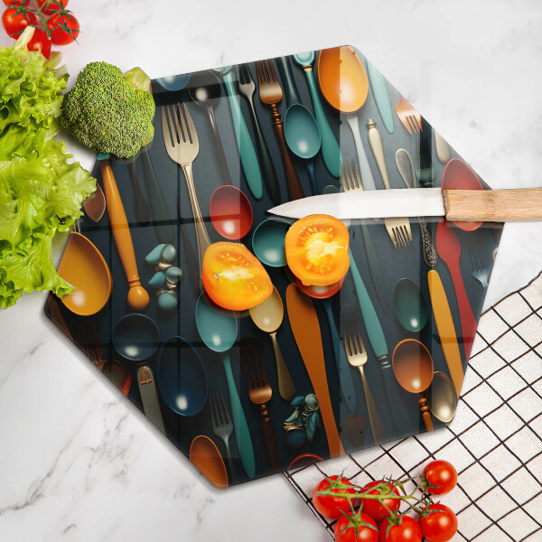 Üveg vágódeszka Színes kanalak és villák