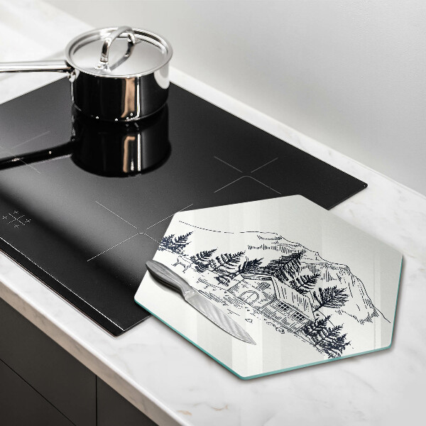 Üveg vágódeszka Rajz egy ház a hegyekben