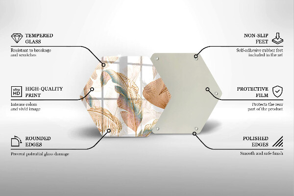 Üveg vágódeszka Boho tollak és levelek