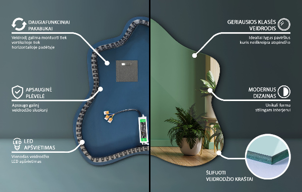 Szabálytalan folt alakú ledes tükrök 48x49 cm