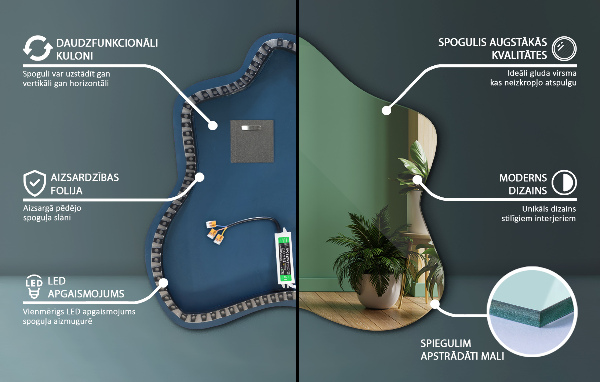 Szabálytalan folt alakú led tükör 68x67 cm