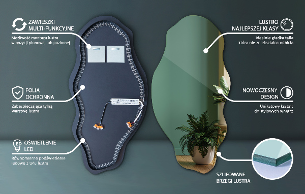 Furcsa forma ledes tükör dekoratív 50x100 cm
