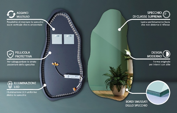 Szokatlan forma tükör led világítással 40x80 cm