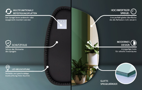 Szokatlan forma tükör led világítással 68x47 cm