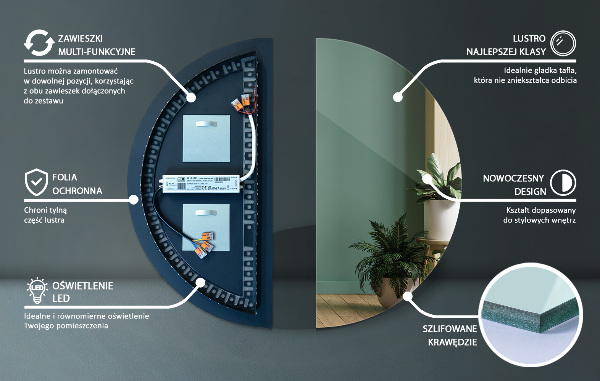 Félkör ledes tükör 35x70 cm