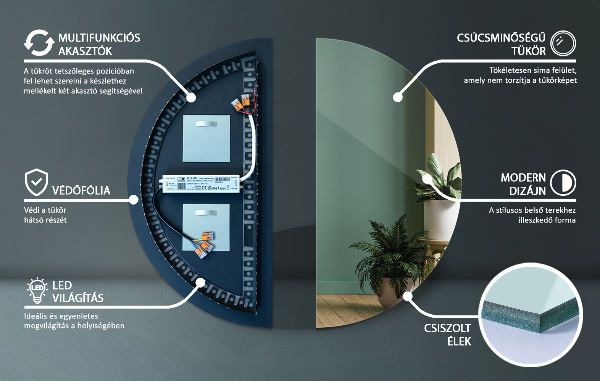 Félkör tükör világítás 45x90 cm