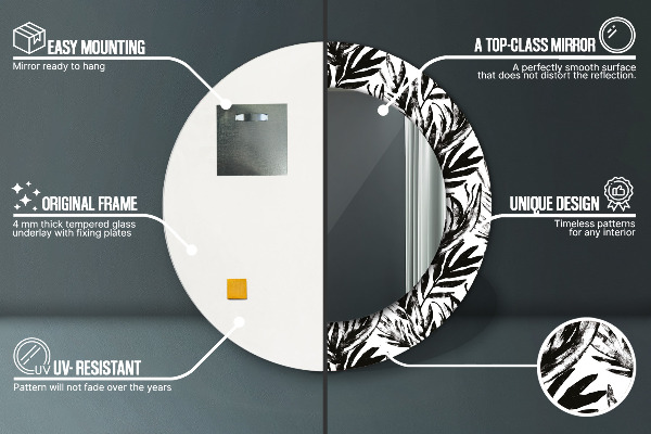 Kerek tükör keret nyomtatással Monstera