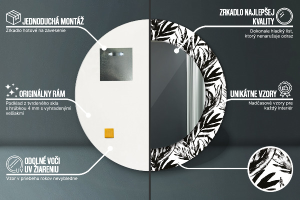 Kerek tükör keret nyomtatással Monstera