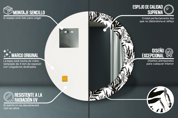 Kerek tükör keret nyomtatással Monstera