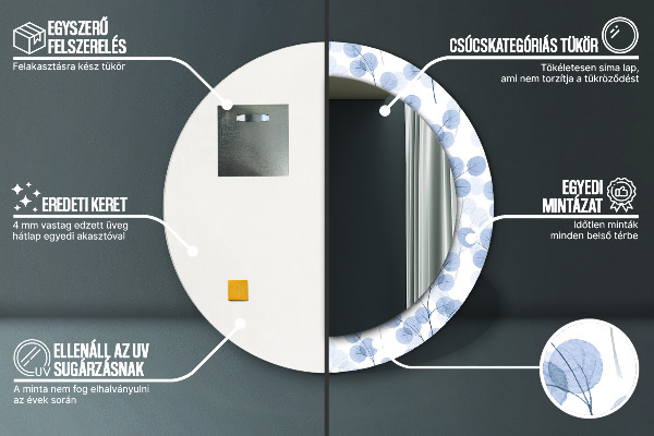 Kerek tükör keret nyomtatással Ágak levelei