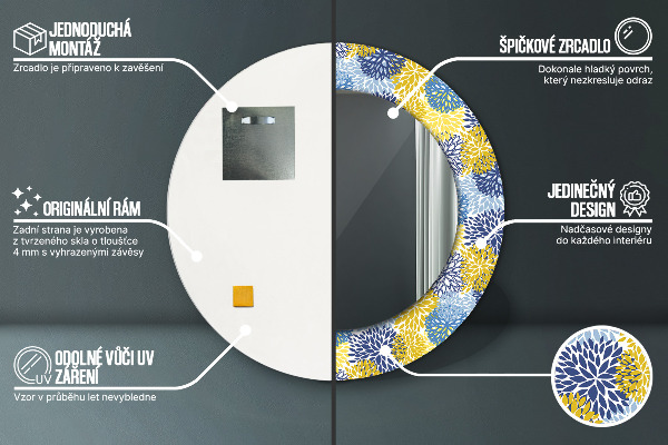 Kerek tükör nyomtatott kerettel Kék virágok