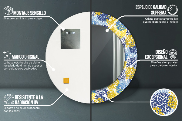 Kerek tükör nyomtatott kerettel Kék virágok