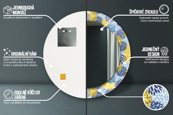 Kerek tükör nyomtatott kerettel Kék virágok