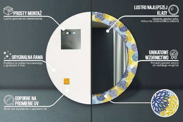 Kerek tükör nyomtatott kerettel Kék virágok