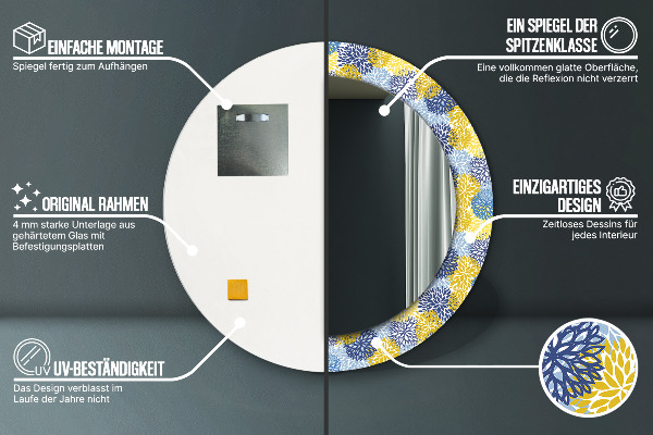 Kerek tükör nyomtatott kerettel Kék virágok