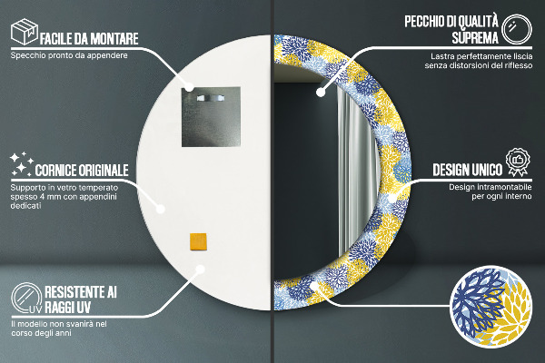 Kerek tükör nyomtatott kerettel Kék virágok