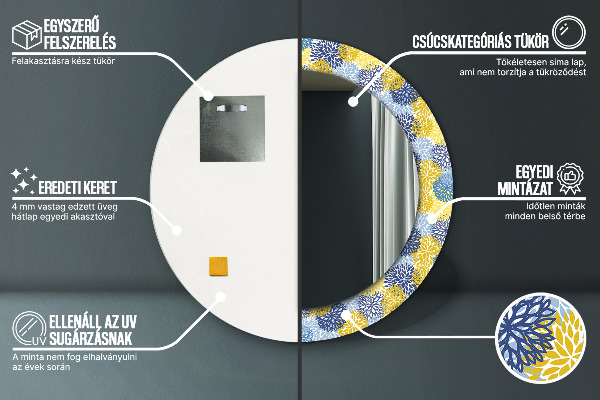 Kerek tükör nyomtatott kerettel Kék virágok