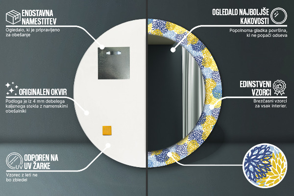 Kerek tükör nyomtatott kerettel Kék virágok