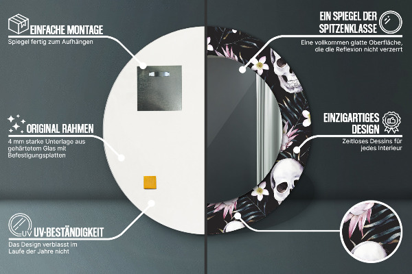 Kerek tükör fali dísz Koponya virágok