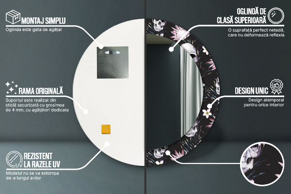 Kerek tükör fali dísz Koponya virágok