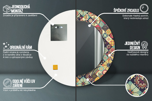 Kerek tükör keret nyomtatással Etnikai virágos