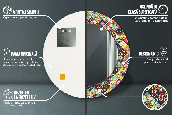 Kerek tükör keret nyomtatással Etnikai virágos