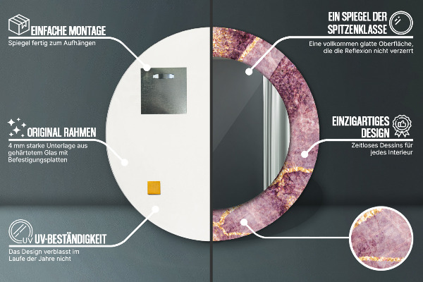 Kerek tükör keret nyomtatással Márvány arannyal