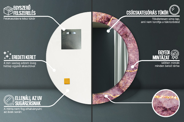 Kerek tükör keret nyomtatással Márvány arannyal