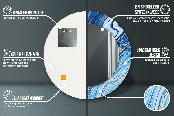 Kerek tükör keret nyomtatással Kék márványozás