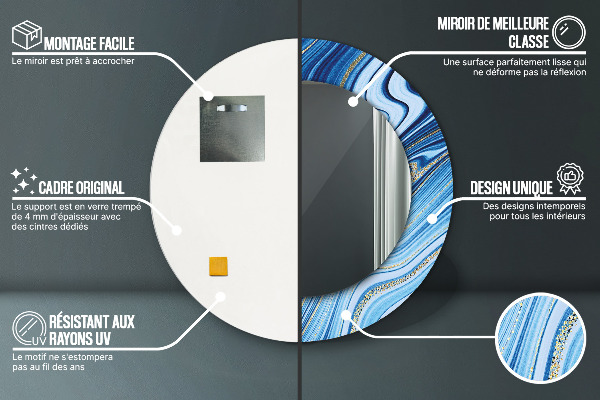 Kerek tükör keret nyomtatással Kék márványozás