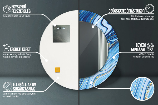 Kerek tükör keret nyomtatással Kék márványozás