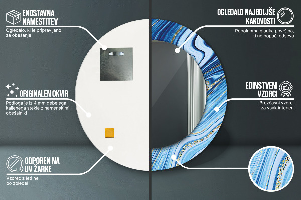 Kerek tükör keret nyomtatással Kék márványozás