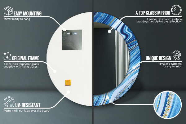 Kerek tükör keret nyomtatással Kék márványozás